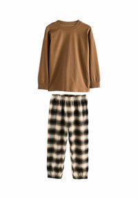Brown long-sleeve shirt paired with plaid pajama pants featuring a black, white, and tan color scheme and an elastic waistband.