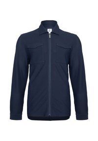 Marineblauwe ritsjack met een textuur, geweven stof. Voorzien van twee borstzakken aan de voorkant en een kraag. Regular fit met lange mouwen.