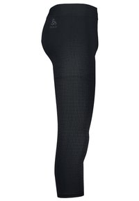 Schwarze Sportleggings mit einem strukturierten Muster aus kleinen Punkten an den Unterschenkeln, elastischem Bund und Logo auf der Rückseite.