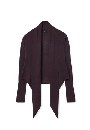 Cardigan viola scuro con apertura frontale, maniche lunghe e un tessuto morbido e strutturato. Presenta una silhouette drappeggiata e un orlo appuntito.