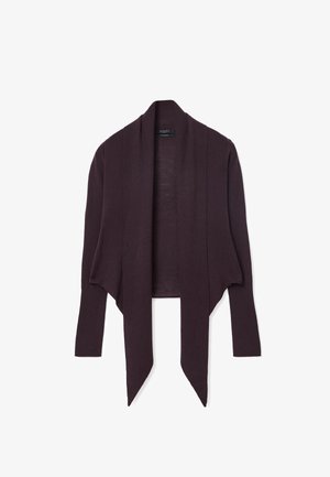 Dunkelviolette Strickjacke mit offenem Vorderteil, langen Ärmeln und einem weichen, strukturierten Stoff. Sie hat eine drapierte Silhouette und einen spitzen Saum.