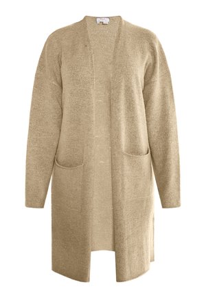 Beige lang cardigan lavet af blødt stof, med åben front, lange ærmer og to forlommer. Struktureret strik finish.