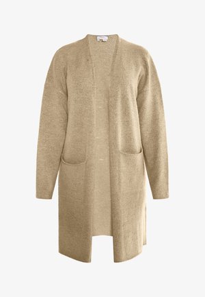 Beige lang cardigan lavet af blødt stof, med åben front, lange ærmer og to forlommer. Struktureret strik finish.