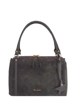 Borsa in suede grigio scuro con due manici, una cerniera superiore e un charm in pelle a forma di stella appeso sul lato.