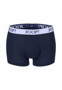 Boxer da uomo navy blu con un cinturino elastico bianco a contrasto che presenta il nome del marchio "JOOP!" in lettere navy.
