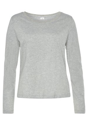 Maglietta a maniche lunghe di un grigio chiaro, realizzata in un tessuto morbido e testurizzato. Presenta un colletto rotondo e una vestibilità casual, con dettagli minimi.
