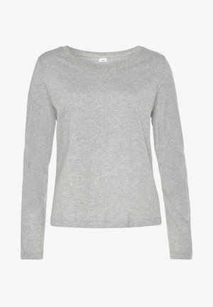 Chemise à manches longues gris clair en tissu doux et texturé. Dotée d'un col rond et d'une coupe décontractée, avec un minimum de détails.