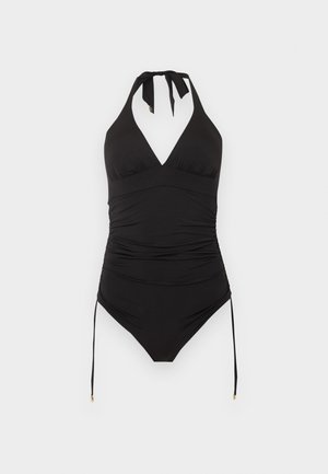 Costum de baie întreg negru, cu decolteu halter și față cu falduri, cu șnururi laterale ajustabile.