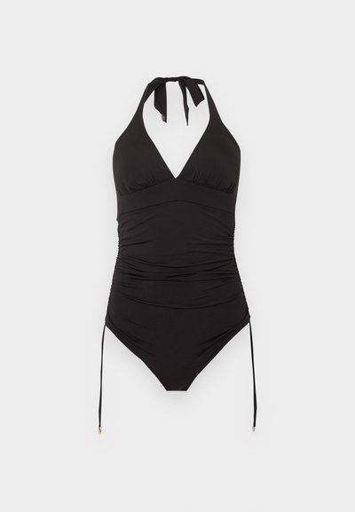 Μαύρο ολόσωμο μαγιό με λαιμόκοψη halter, ρυθμιζόμενους δεσμούς στα πλάγια και λεπτομέρεια με τσαλακώσεις στο μπροστινό μέρος.
