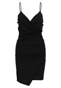 Vestido preto com alças finas, decote em V, design cruzado na frente, textura franzida e bainha na altura do joelho com uma fenda lateral.