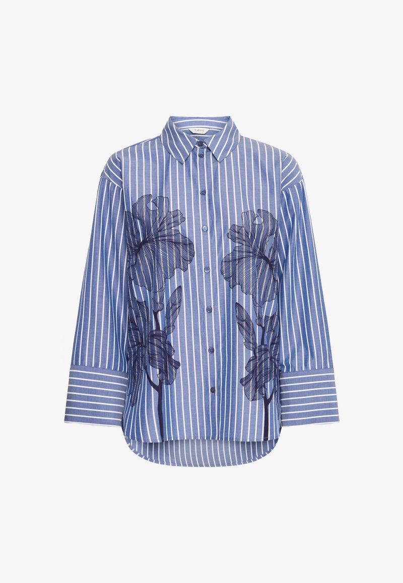 Camicia a righe blu e bianche con maniche lunghe e colletto. Presenta un ricamo floreale scuro sul davanti, orlo dritto e chiusura con bottoni.