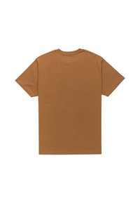 Brązowa koszulka z krótkim rękawem wykonana z bawełnianej tkaniny, z okrągłym dekoltem i prostym wzorem bez widocznych nadruków czy akcentów.