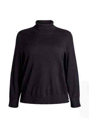 Schwarzer Langarm-Turtleneck-Pullover mit geripptem Kragen, Bündchen und Saum, präsentiert vor einem weißen Hintergrund.