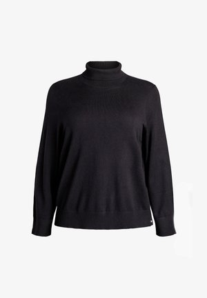 Sort langærmet turtleneck sweater med ribbede kanter, manchetter og nederste kant, præsenteret mod en hvid baggrund.