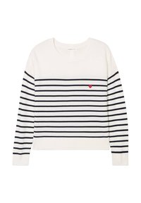 Hvid sweater med marineblå vandrette striber og et lille rød broderet hjerte på venstre bryst. Ribbet halsudskæring og manchetter. Sofistikeret design.