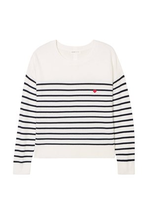 Hvid sweater med marineblå vandrette striber og et lille rød broderet hjerte på venstre bryst. Ribbet halsudskæring og manchetter. Sofistikeret design.