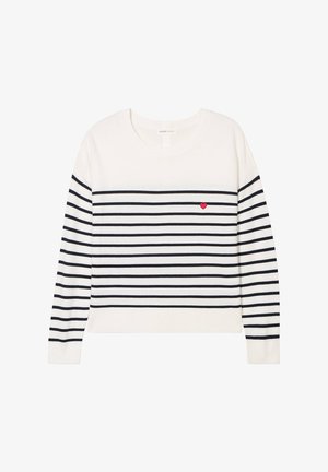 Maglione bianco con strisce orizzontali blu navy e un piccolo cuore ricamato rosso sul lato sinistro del petto. Collo e polsini a coste. Design sofisticato.
