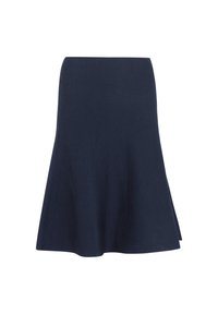 Une jupe évasée marine en tissu tissé lisse. Elle présente une taille ajustée et s'élargit progressivement jusqu'à l'ourlet.