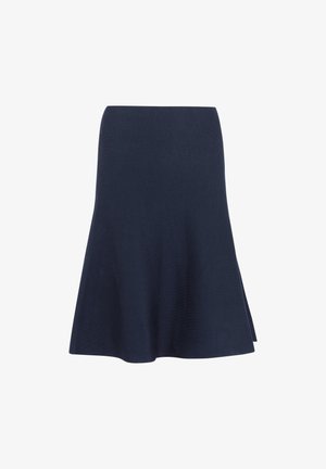 Una gonna svasata blu navy realizzata in un tessuto liscio e lavorato. Presenta una vita aderente e si espande gradualmente verso l'orlo.