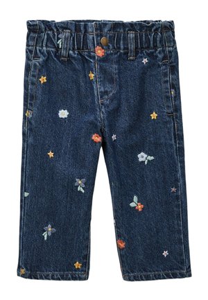 Pantalon en denim avec un lavage bleu foncé, présentant des motifs floraux brodés de couleurs variées. Taille élastique et style cinq poches.