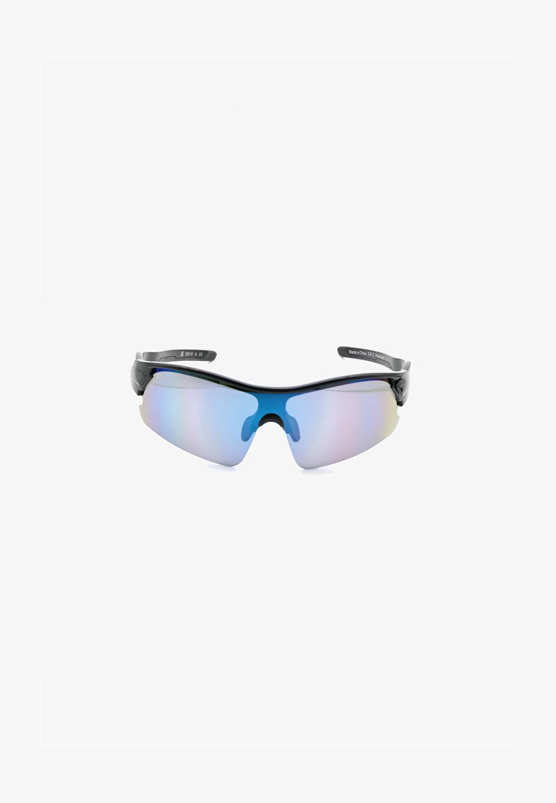 Gafas de sol envolventes de estilo deportivo con montura negra y lentes espejadas azules, diseñadas para uso al aire libre o deportivo.