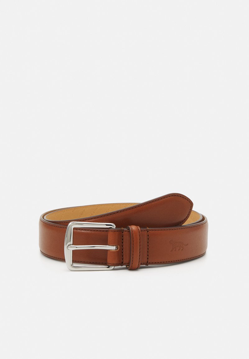 Brown leather belt with a silver buckle; features a stitched edge and embossed tiger logo on the strap. Smooth texture and classic design.