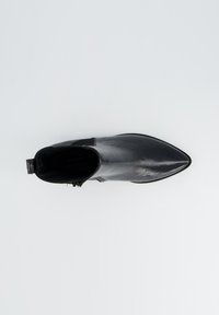 Schwarze Lederknöchelstiefel mit einer spitzen Zehenpartie, seitlichem Reißverschluss und einer strukturierten Oberfläche, die ein minimalistisch gestaltetes und elegantes Profil zeigt.