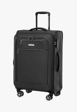 Zwarte koffer met een textuurstof, twee voorm ingericht ritsen, een telescopische handgreep en vier draaiwielen voor gemakkelijke mobiliteit.