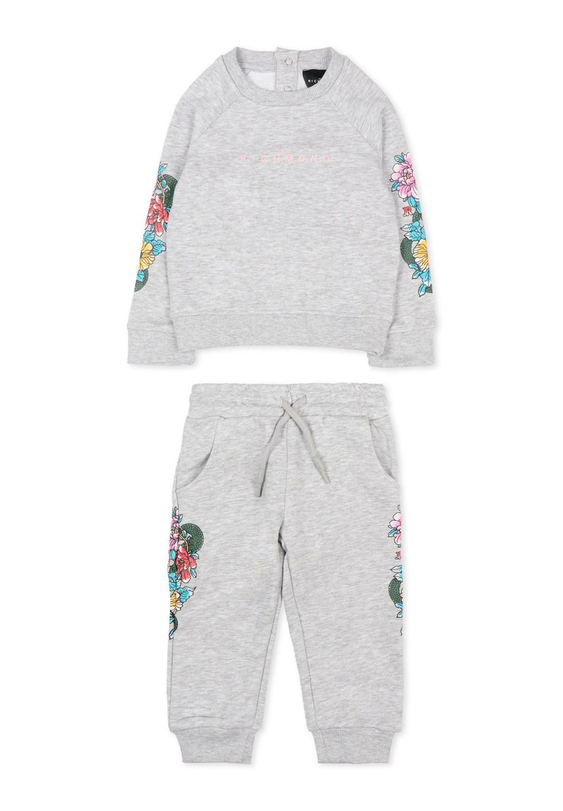 Ensemble de sweat-shirt et de pantalon de survêtement gris, orné de broderies florales sur les manches et les jambes, fabriqué en mélange de coton doux avec un col rond et une taille à cordon.