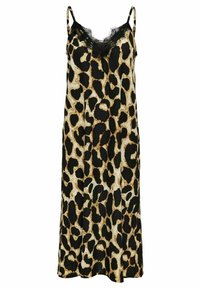 Slipkleid mit Leopardenmuster in Schwarz und Beige, aus glattem Stoff gefertigt. Verfügt über dünne Träger und Spitzenbesatz am Ausschnitt.