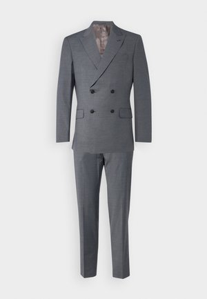 Gray double-breasted suit with a notched lapel, featuring two front pockets and a smooth fabric. Tailored fit with straight-leg trousers.