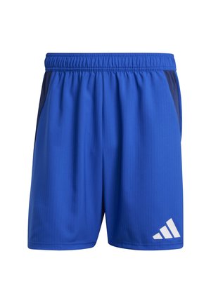 Blaue Sportshorts aus leichtem Material, mit einem elastischen Bund, seitlichen Einsätzen in einem dunkleren Farbton und einem weißen Logo-Akzent.