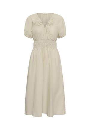 Rochie midi bej cu mâneci scurte bufante, decolteu în V adunat cu panglică și talie smock elastică.