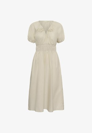 Béžové midi šaty s krátkymi nadýchanými rukávmi, nariaseným výstrihom do V so stiahnutím na šnúrku a elastickým nariaseným pásom.