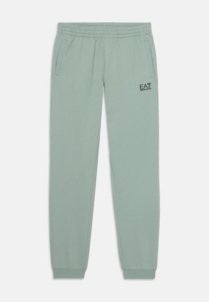 Pantalon de jogging vert clair avec une taille élastique, deux poches latérales et un petit logo noir sur la jambe gauche. Texture lisse, coupe fuselée.