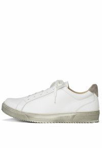 Vita lädersneaker med en slät yta, rund tå, matchande snörning och en grå mockadetalj på hälen. Texturerad gummisula.