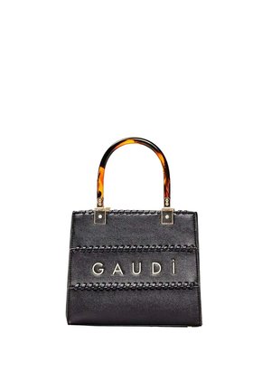 Borsa a mano nera texturizzata con dettagli intrecciati e logo dorato "GAUDÌ", con manici a fantasia tartaruga.