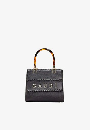 Borsa a mano nera texturizzata con dettagli intrecciati e logo dorato "GAUDÌ", con manici a fantasia tartaruga.