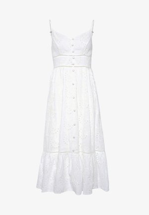 Valkoinen, brodeerattu kesämekko, jossa on säädettävät ohuet olkaimet, napitettava etuosa, hyvin istuva yläosa ja levenevä, kerroksittainen hame.