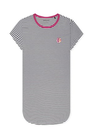 White short-sleeve shirt with thin black horizontal stripes, pink neckline, and small pink-orange citrus fruit graphic on the left chest.