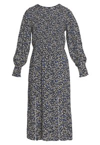 Kukkaismallinen mekko, jossa musta tausta, valkoisia ja sinisiä kukkia, pitkät pussihihat, pyöreä kaula-aukko ja smokkauksella toteutettu vyötärö.