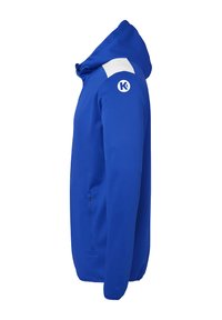 Elektrisch blauwe hoodie van een dik materiaal, met een witte schouderaccent, zijzak met rits en logo op de linkerschouder. Bevat een capuchon met trekkoord.