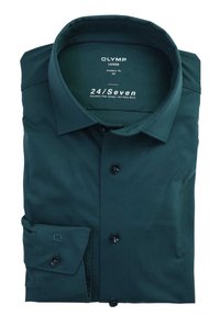 Ciemnozielona, nowoczesna koszula w dopasowanym kroju. Wykonana z gładkiego materiału, ma zapięcie na guziki z przodu, podwinięte mankiety i klasyczny kołnierzyk.