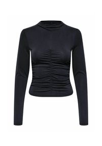 Svart langermet crop-top med rynkedetaljer nedover midten foran og høy hals.