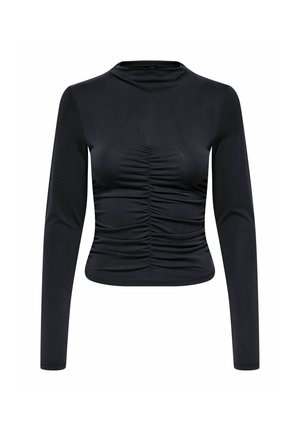 Zwarte cropped top met lange mouwen en geplooid detail in het midden met een hoge halslijn.