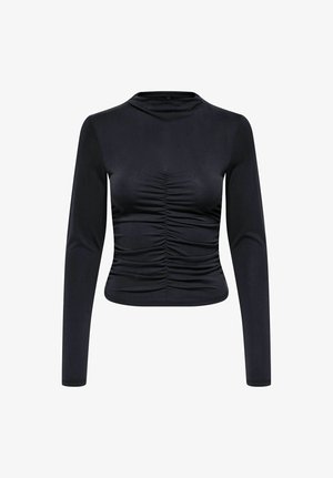 Zwarte cropped top met lange mouwen en geplooid detail in het midden met een hoge halslijn.