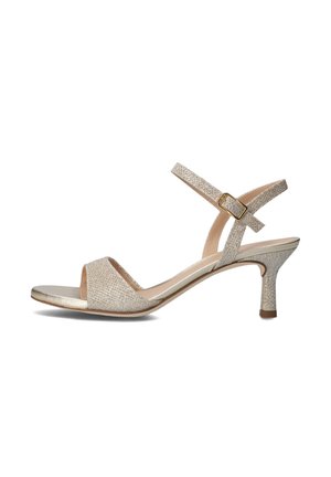 Gouden en zilveren glinsterende sandaal met hak, met een open teen, dunne enkelband en een mid-height stiletto hak. Voorzien van een sluiting met een gesp.