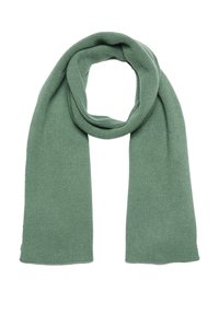 Grüner gerippter Strickschal mit weicher Textur, länglicher Form und einem sauberen Abschluss an den Enden. Leichter und vielseitiger Accessoire.