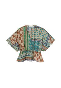 Blouse à motifs multiples mettant en avant un mélange de couleurs teal, marron et doré. Manches courtes, style enveloppant et taille élastique pour un look froncé.