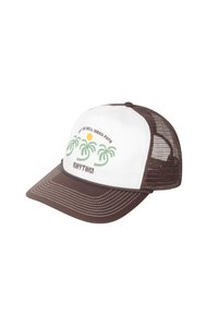 Gorra trucker marrón y blanca con visera plana. Presenta un gráfico de palmera verde, un sol y texto. Parte trasera de malla para ventilación. Diseño de 5 paneles.